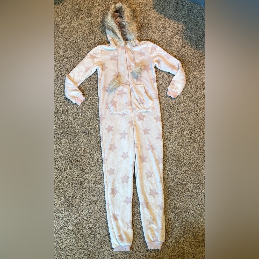 Secret Treasures Fuzzy Hooded Onesie - Light Pink & Cream